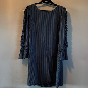 Luxology Dress long sleeve w/ flare by wrist. Size 8. Navy Blue white pin stripe